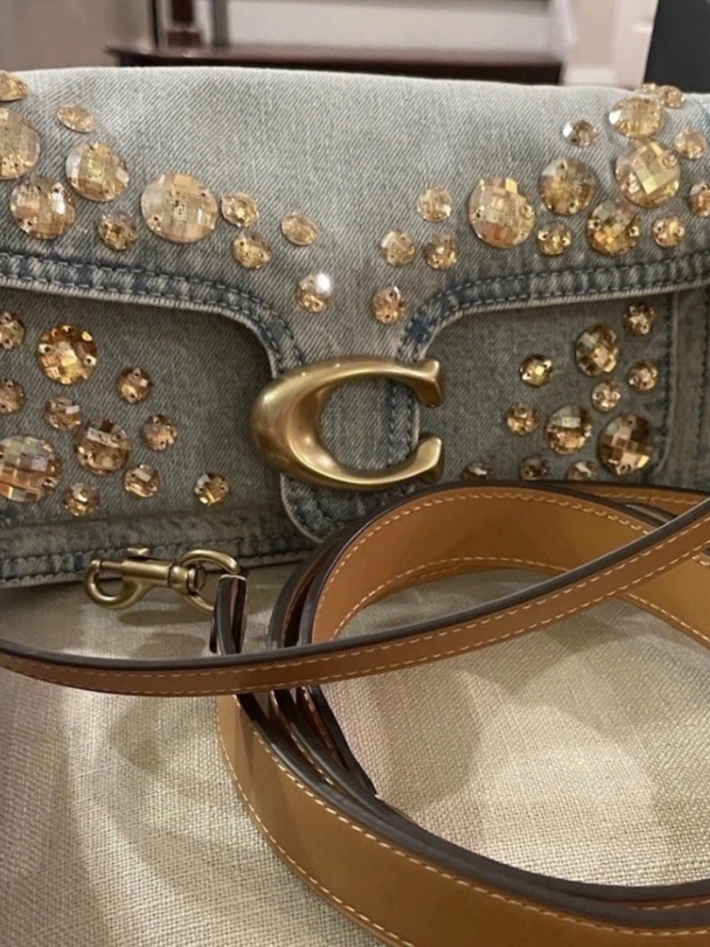 Coach Worn Denim & Crystal Tabby  26 Vachetta leather nwt gift box